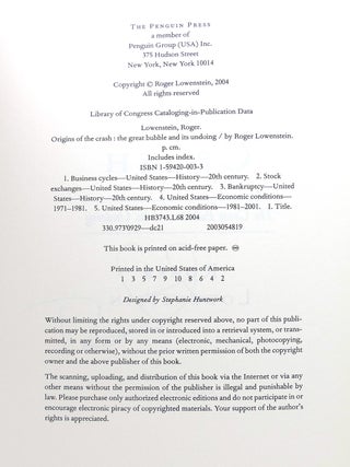 ORIGINS OF THE CRASH; SIGNED 1st the Great Bubble and its Undoing