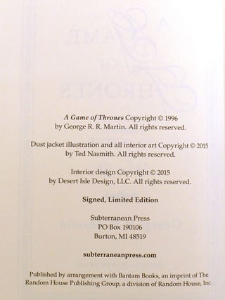 GAME OF THRONES COLLECTION SIGNED MATCHING #! ; A Game of Thrones, a Clash of Kings, a Dance with Dragons, Fire & Blood, a Knight of the Seven Kingdoms