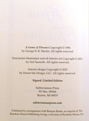GAME OF THRONES COLLECTION SIGNED MATCHING #! ; A Game of Thrones, a Clash of Kings, a Dance with Dragons, Fire & Blood, a Knight of the Seven Kingdoms