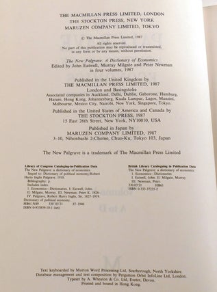 THE NEW PALGRAVE DICTIONARY OF ECONOMICS 4 VOLUME SET