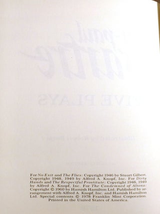FIVE PLAYS; No Exit, the Flies, Dirty Hands, the Respectful Prostitute, the Condemned of Altona Signed Franklin Library