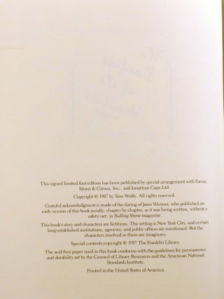 THE BONFIRE OF THE VANITIES; Signed